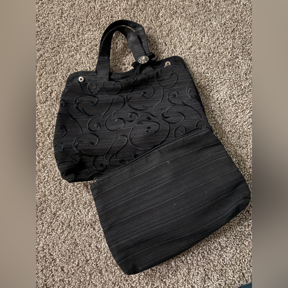 Oscar de la Renta Black Embroidered Travel Makeup Bag